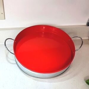 Serving Tray Galvanized Metal Red  13 inch round 2.25 inches deep